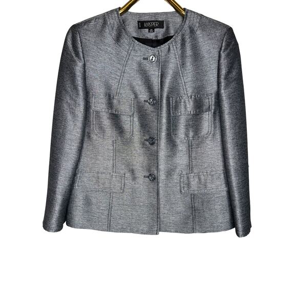 Kasper Size 12 P Silver Skirt Suit Full Button Front Pocket Jacket Wedding - Picture 3 of 12